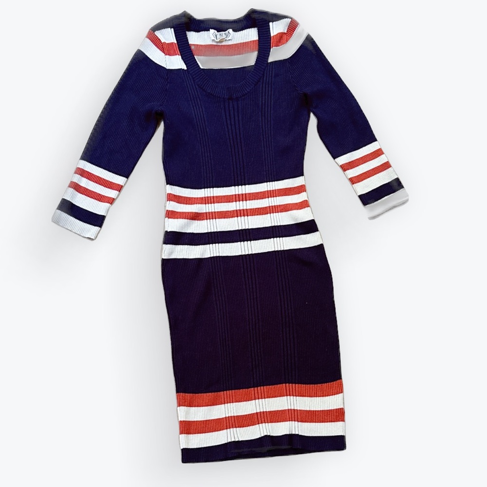 Sporty Chic Yacht Club Coastal Collegiate Striped Ribbed Knit Sweater Dress ~ L
